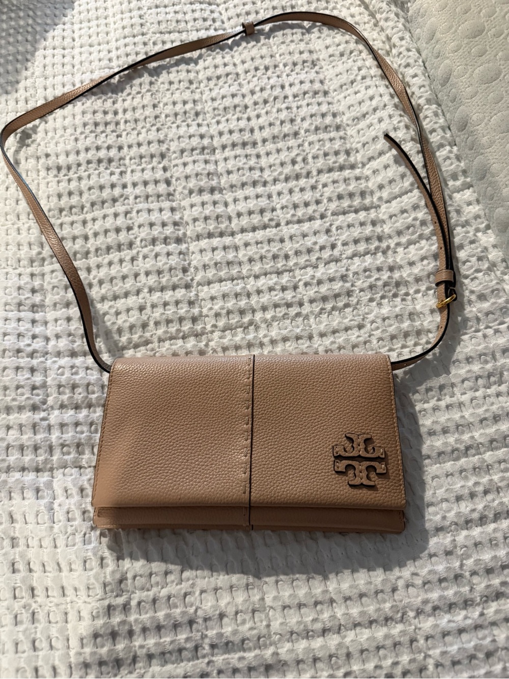 Tory Burch pebble leather crossbody clutch in light tan